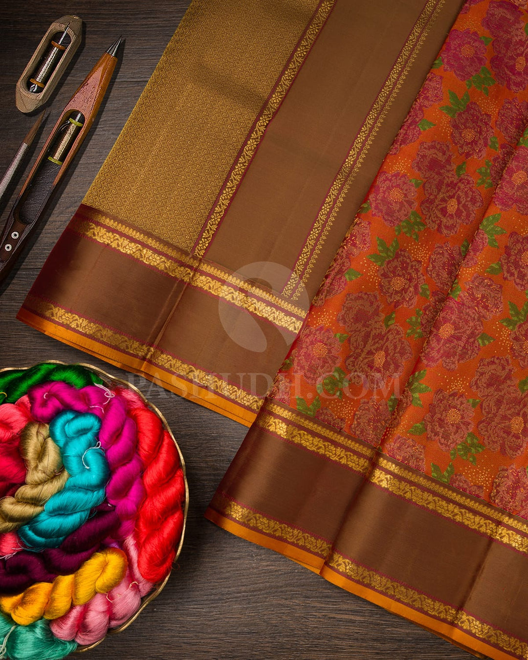Deep Orange With Brown Kanjivaram Silk Saree-DJ426(A)