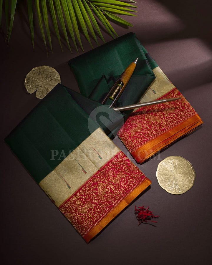 Dark Green With Red Kanjivaram Silk Saree-S1546(C)