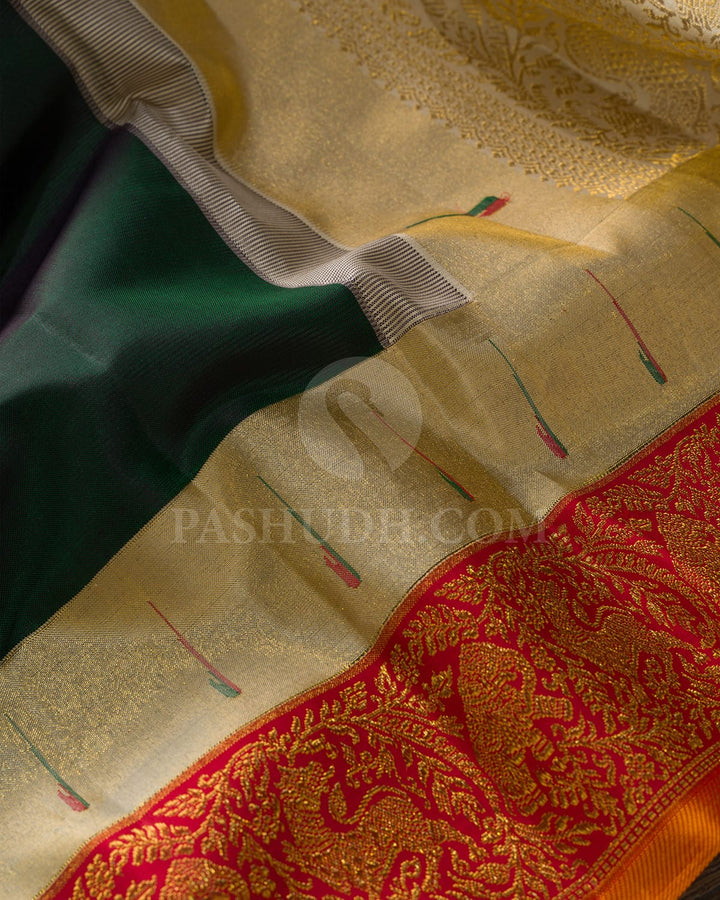 Dark Green With Red Kanjivaram Silk Saree-S1546(C)