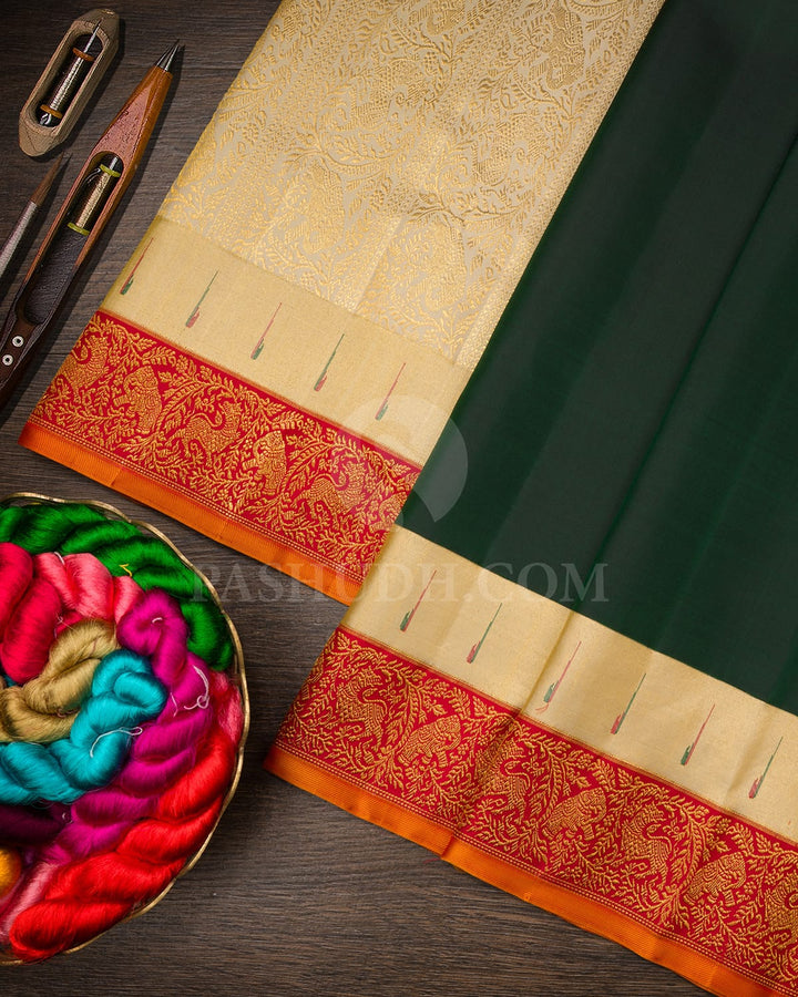 Dark Green With Red Kanjivaram Silk Saree-S1546(C)