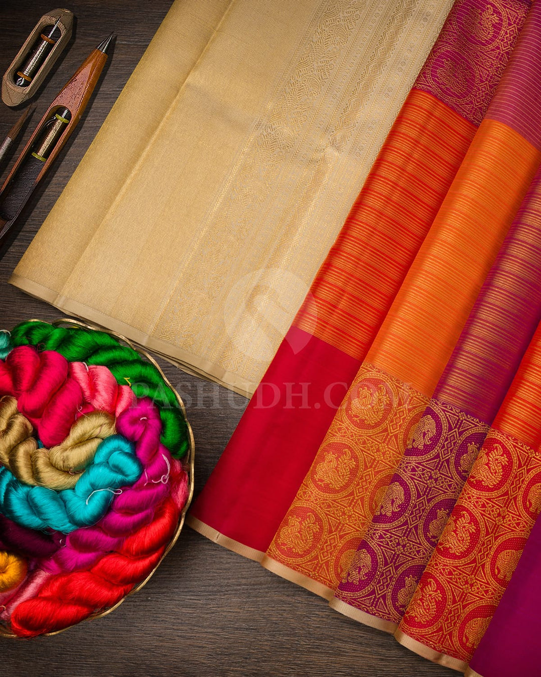 Purple,Orange And Beige Kanjivaram Silk Saree-S1642(A)