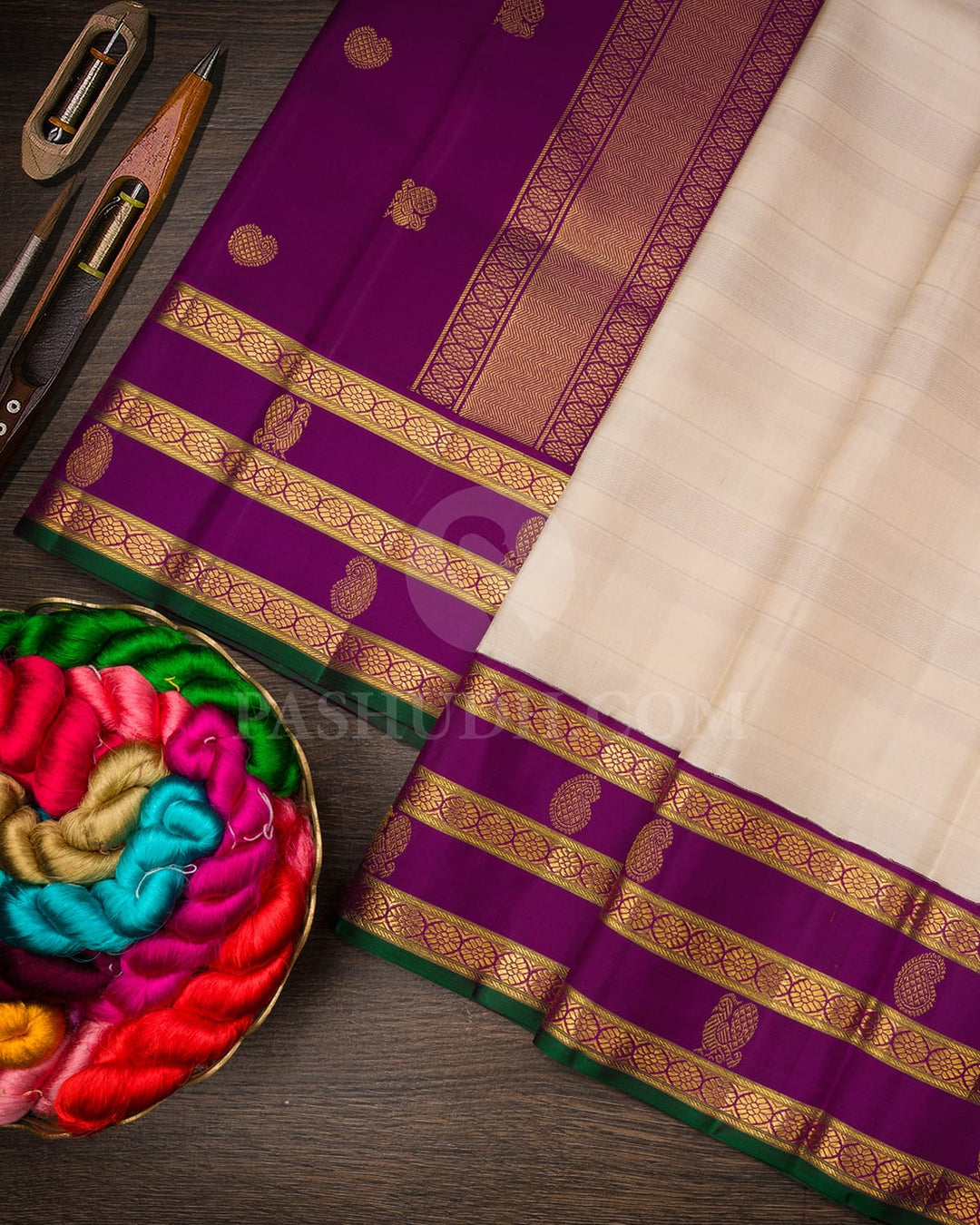 Half White With Violet Kanjivaram Silk Saree-S1645(A)