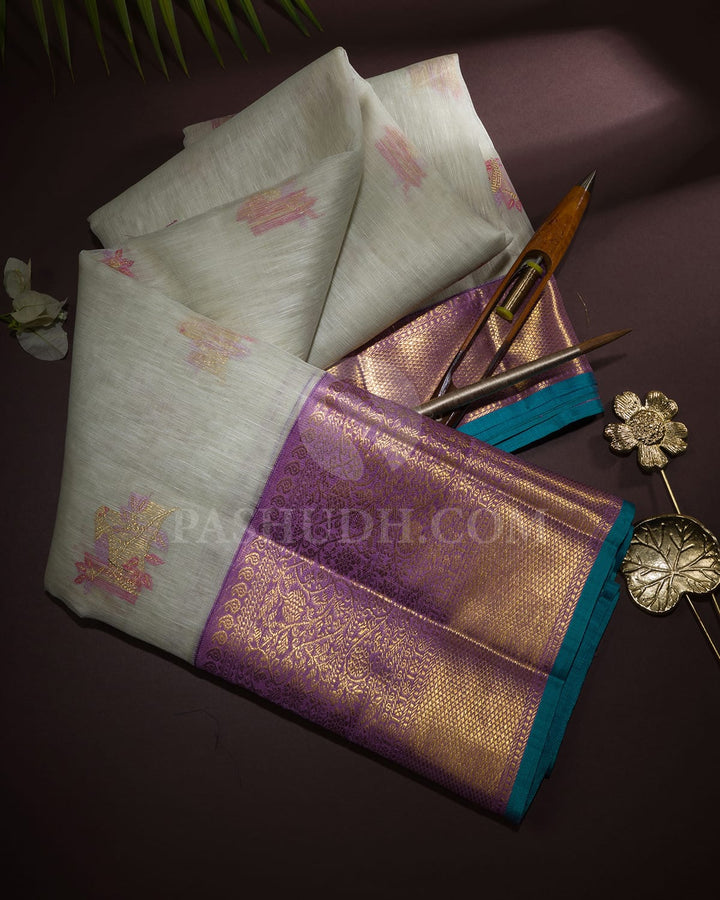 Half White With Lavender Kora Organza Dupion Kanjivaram Silk Saree-S1563(B)