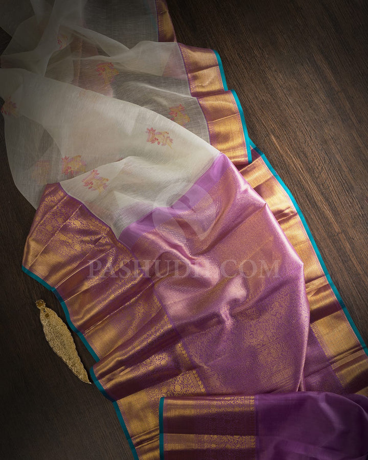 Half White With Lavender Kora Organza Dupion Kanjivaram Silk Saree-S1563(B)