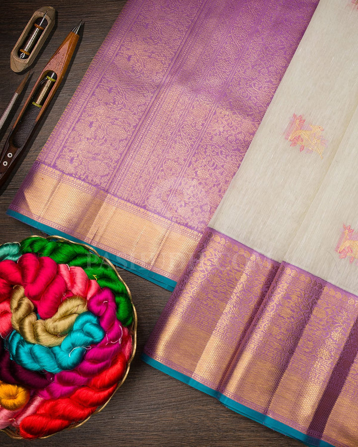 Half White With Lavender Kora Organza Dupion Kanjivaram Silk Saree-S1563(B)
