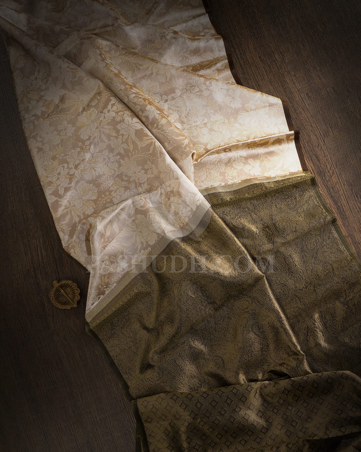 Beige And Deep Olive Green Kanjivaram Silk Saree-DJ422(B)