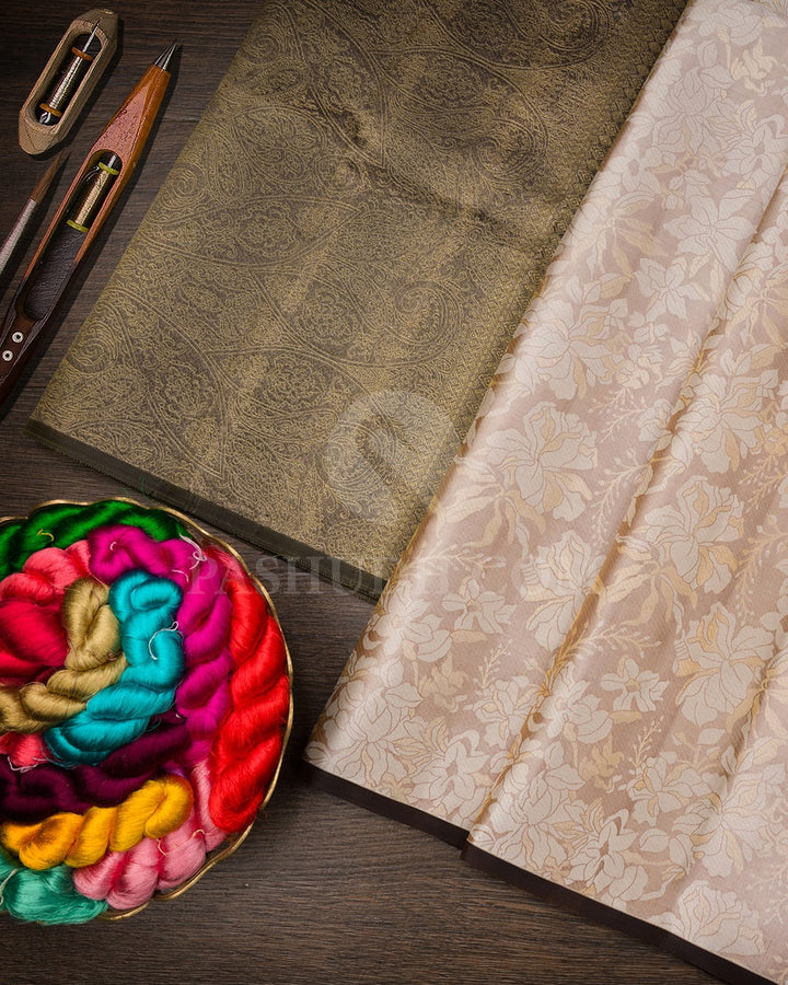 Beige And Deep Olive Green Kanjivaram Silk Saree-DJ422(B)