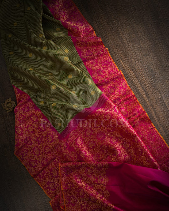 Dark Green And Beige Kanjivaram Silk Saree-S1644(A)