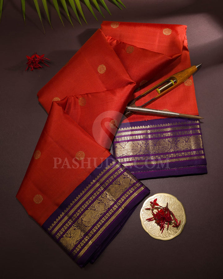 Deep Rust Orange With Navy Blue Pure Zari Kanjivaram Silk Saree-SP385