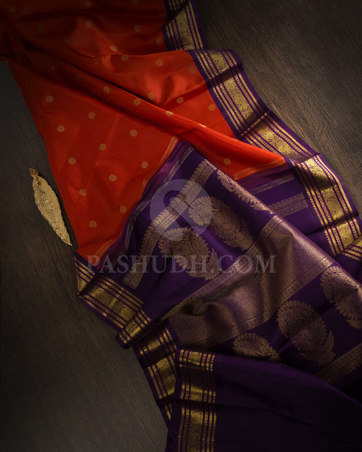 Deep Rust Orange With Navy Blue Pure Zari Kanjivaram Silk Saree-SP385