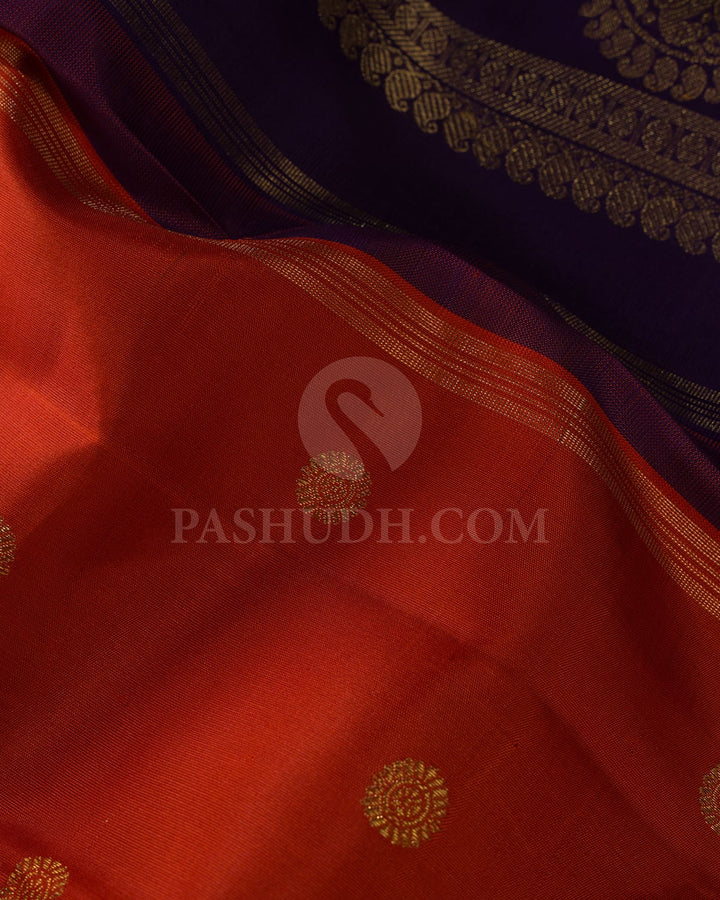Deep Rust Orange With Navy Blue Pure Zari Kanjivaram Silk Saree-SP385