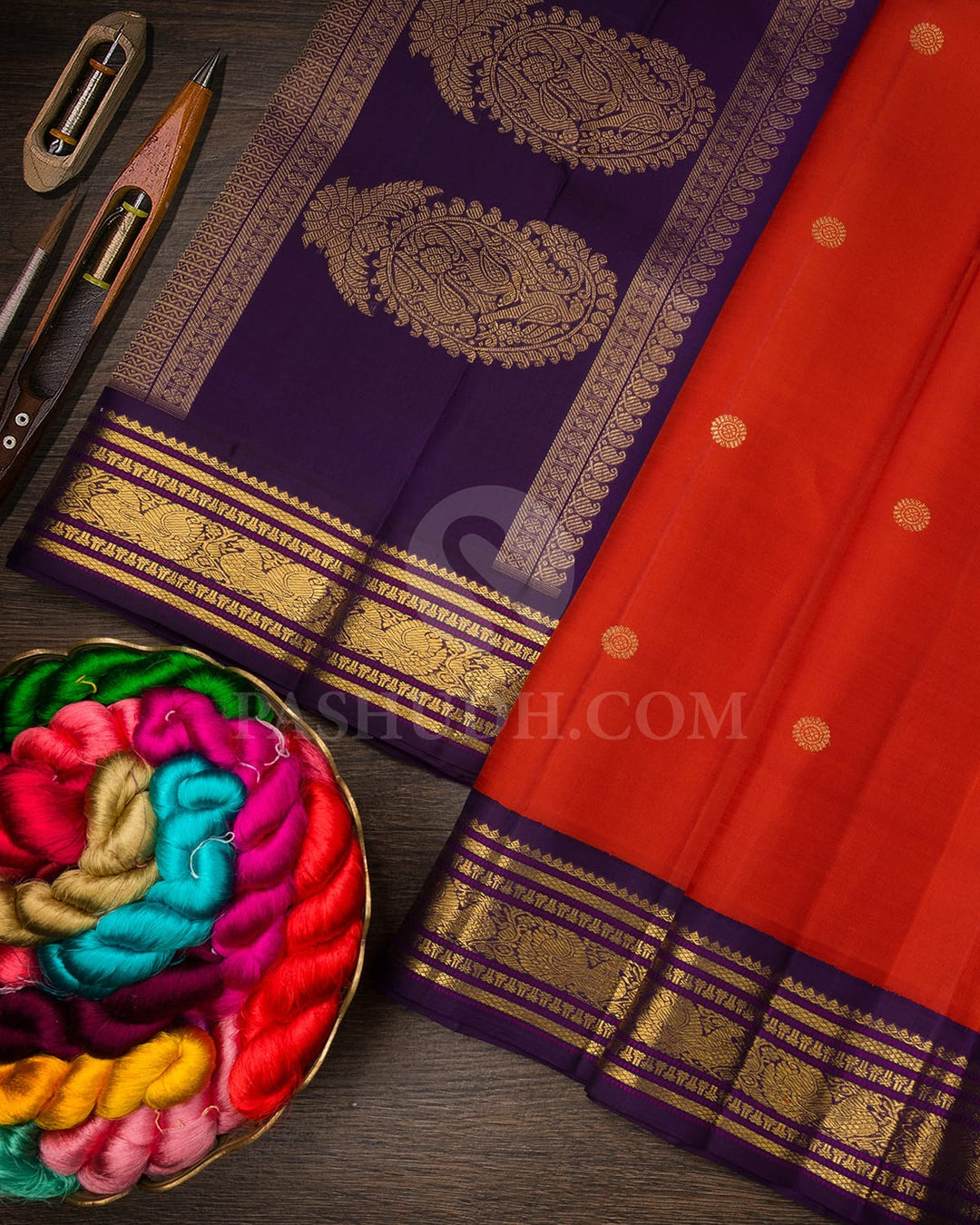 Deep Rust Orange With Navy Blue Pure Zari Kanjivaram Silk Saree-SP385