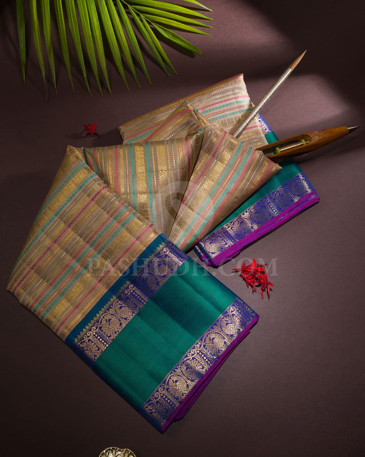 Beige And Denim Blue Kanjivaram Silk Saree-S1484(F)