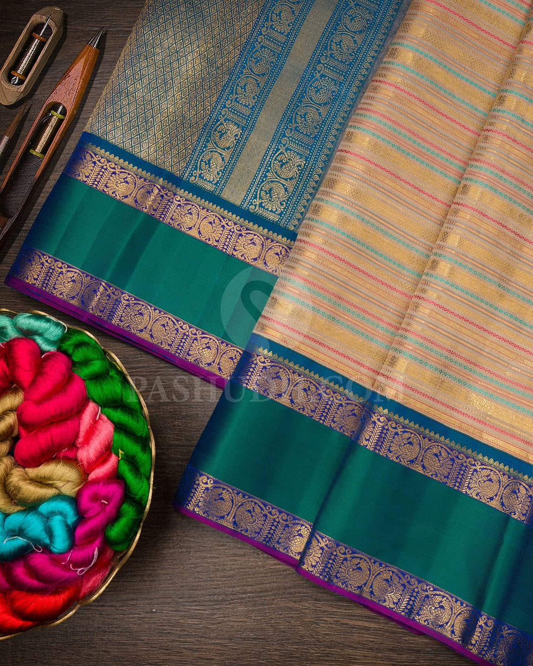 Beige And Denim Blue Kanjivaram Silk Saree-S1484(F)