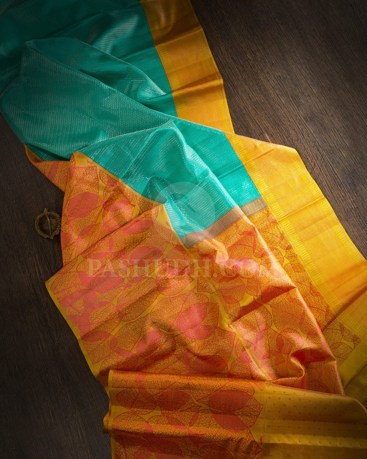 Aqua Blue And Mango Yellow Kanjivaram Silk Saree-D658(D)