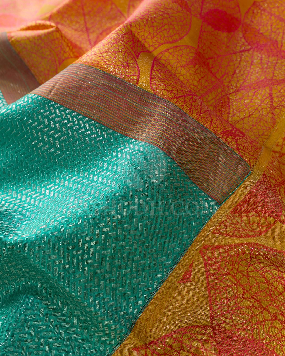 Aqua Blue And Mango Yellow Kanjivaram Silk Saree-D658(D)