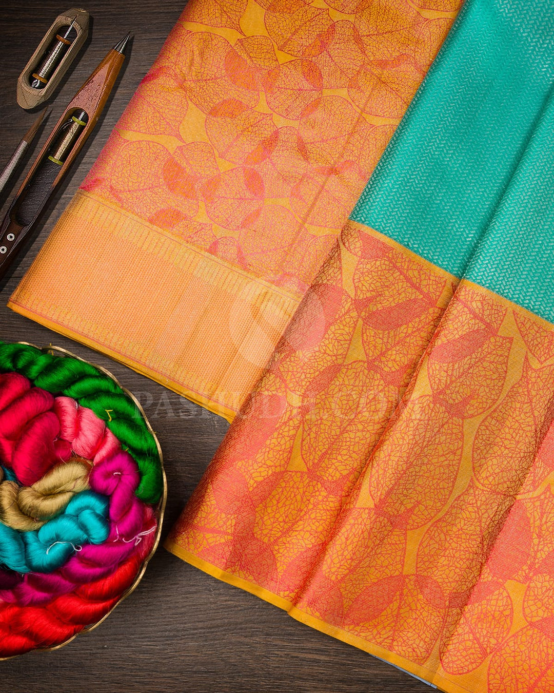 Aqua Blue And Mango Yellow Kanjivaram Silk Saree-D658(D)