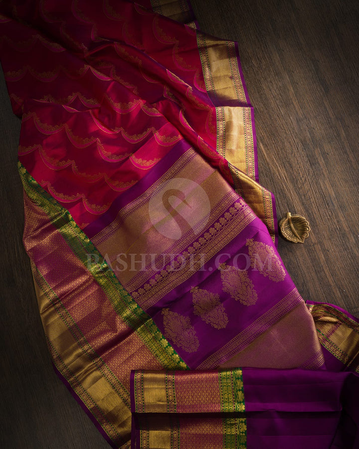 Bright Red, Pink And Dark Green Kanjivaram Silk Saree-D660(C)
