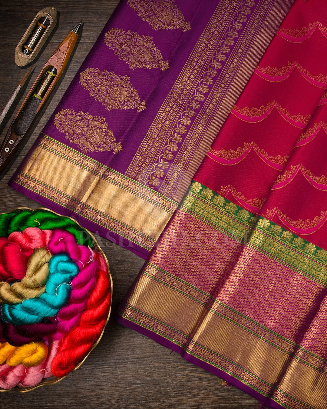 Bright Red, Pink And Dark Green Kanjivaram Silk Saree-D660(C)