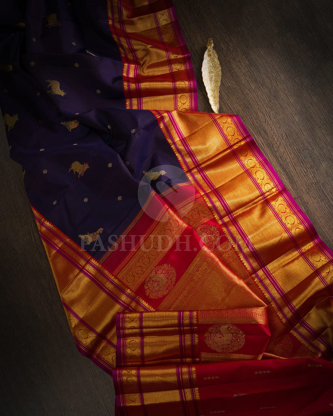 Navy Blue With Bright Red Kanjivaram Silk Saree-S1459(B)