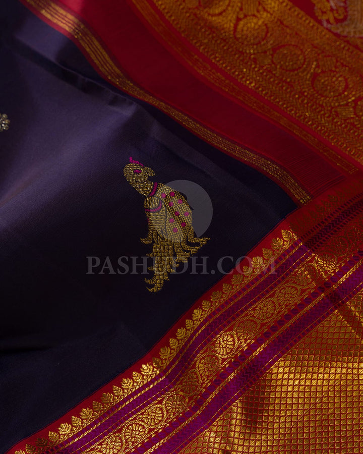 Navy Blue With Bright Red Kanjivaram Silk Saree-S1459(B)