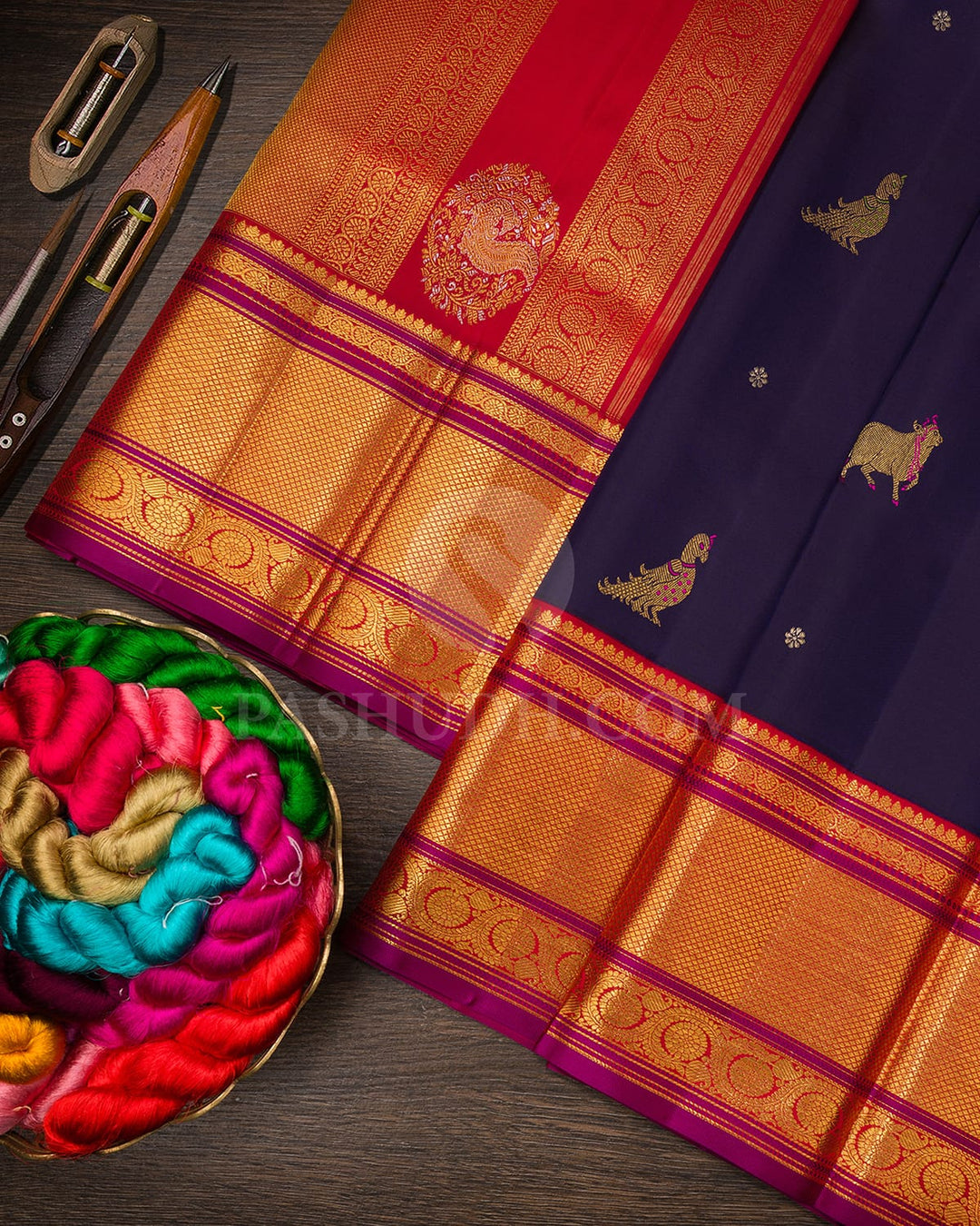 Navy Blue With Bright Red Kanjivaram Silk Saree-S1459(B)