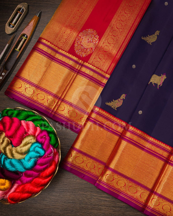 Navy Blue With Bright Red Kanjivaram Silk Saree-S1459(B)