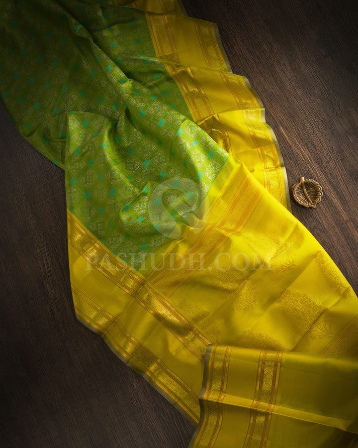 Parrot Green With Tuscany Yellow Kanjivaram Silk Saree-DJ398(D)