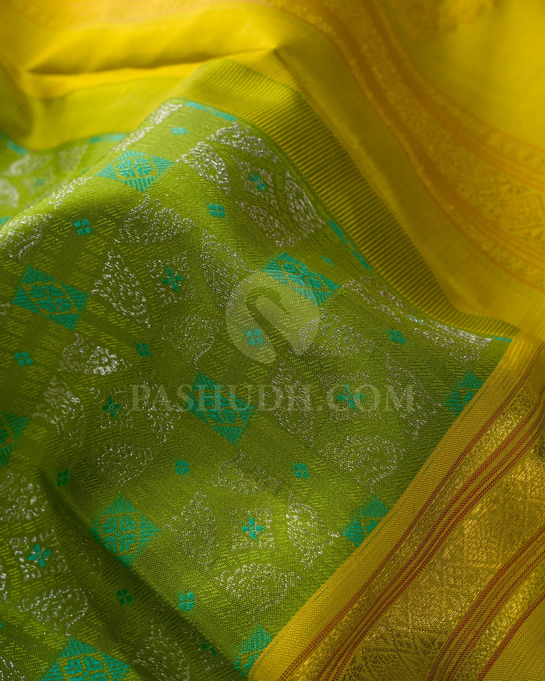 Parrot Green With Tuscany Yellow Kanjivaram Silk Saree-DJ398(D)