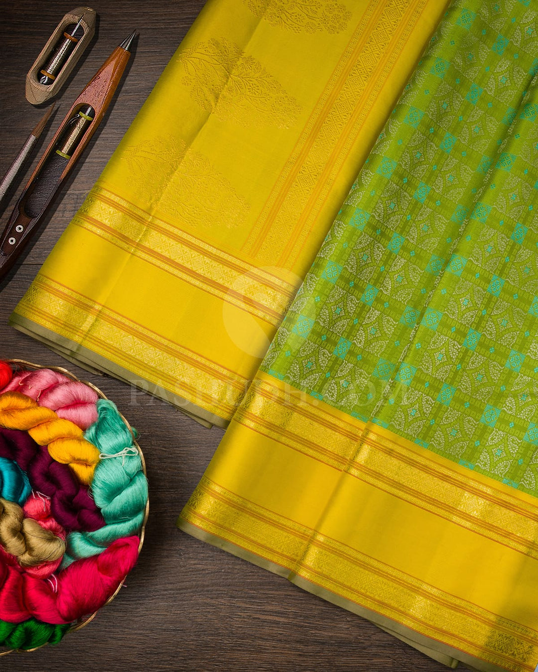 Parrot Green With Tuscany Yellow Kanjivaram Silk Saree-DJ398(D)