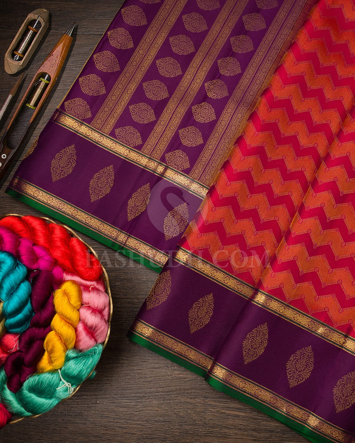 Red, Orange And Purple Kanjivaram Silk Saree-D652(D)