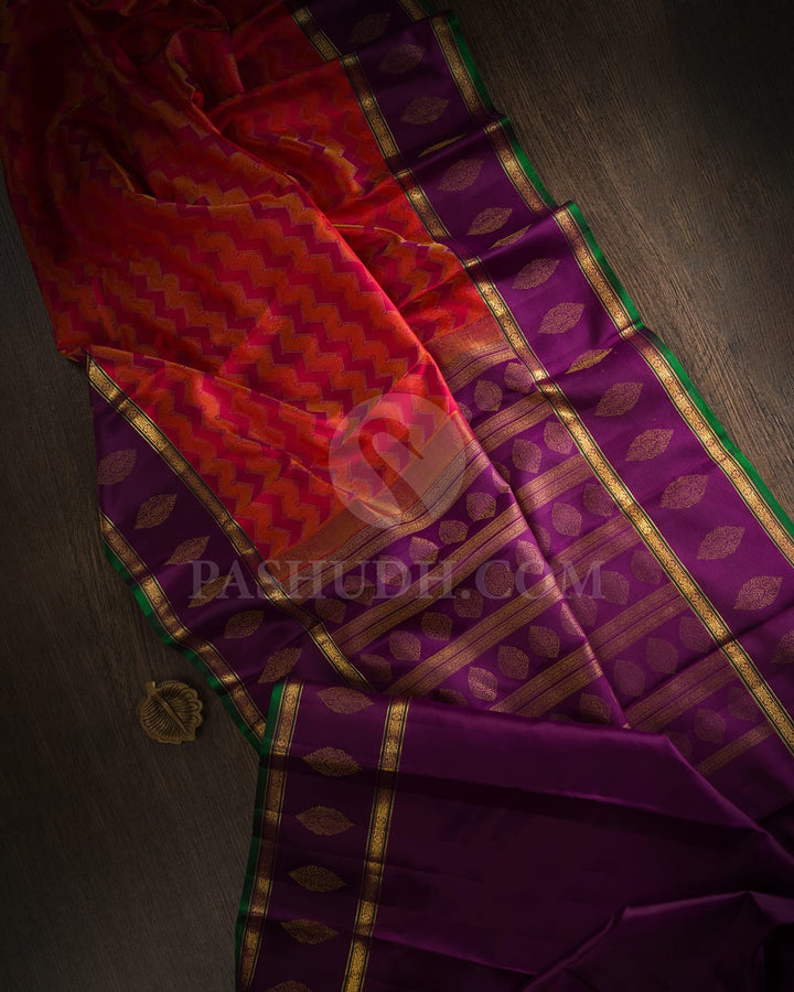 Red, Orange And Purple Kanjivaram Silk Saree-D652(D)