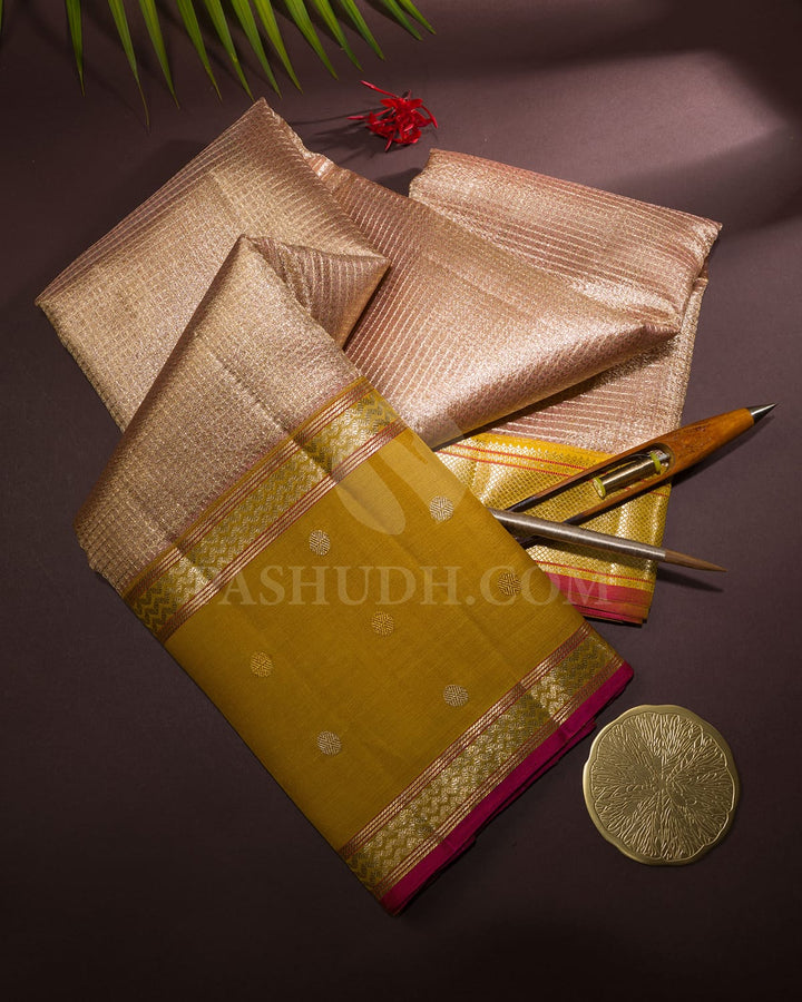 Peachy Pink And Tuscany Yellow Organza Shimmer Kanjivaram Silk Saree-S1441(C)