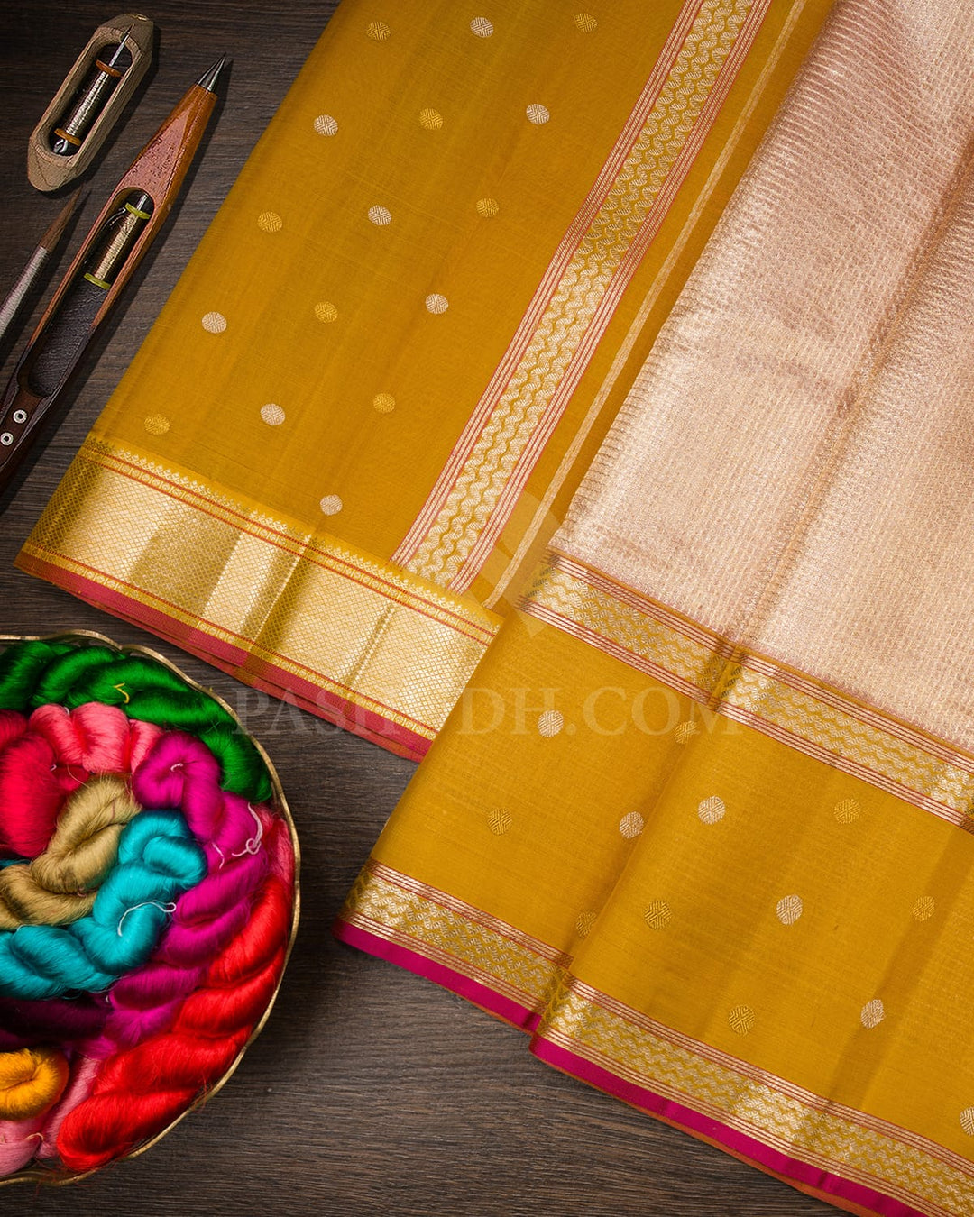 Peachy Pink And Tuscany Yellow Organza Shimmer Kanjivaram Silk Saree-S1441(C)