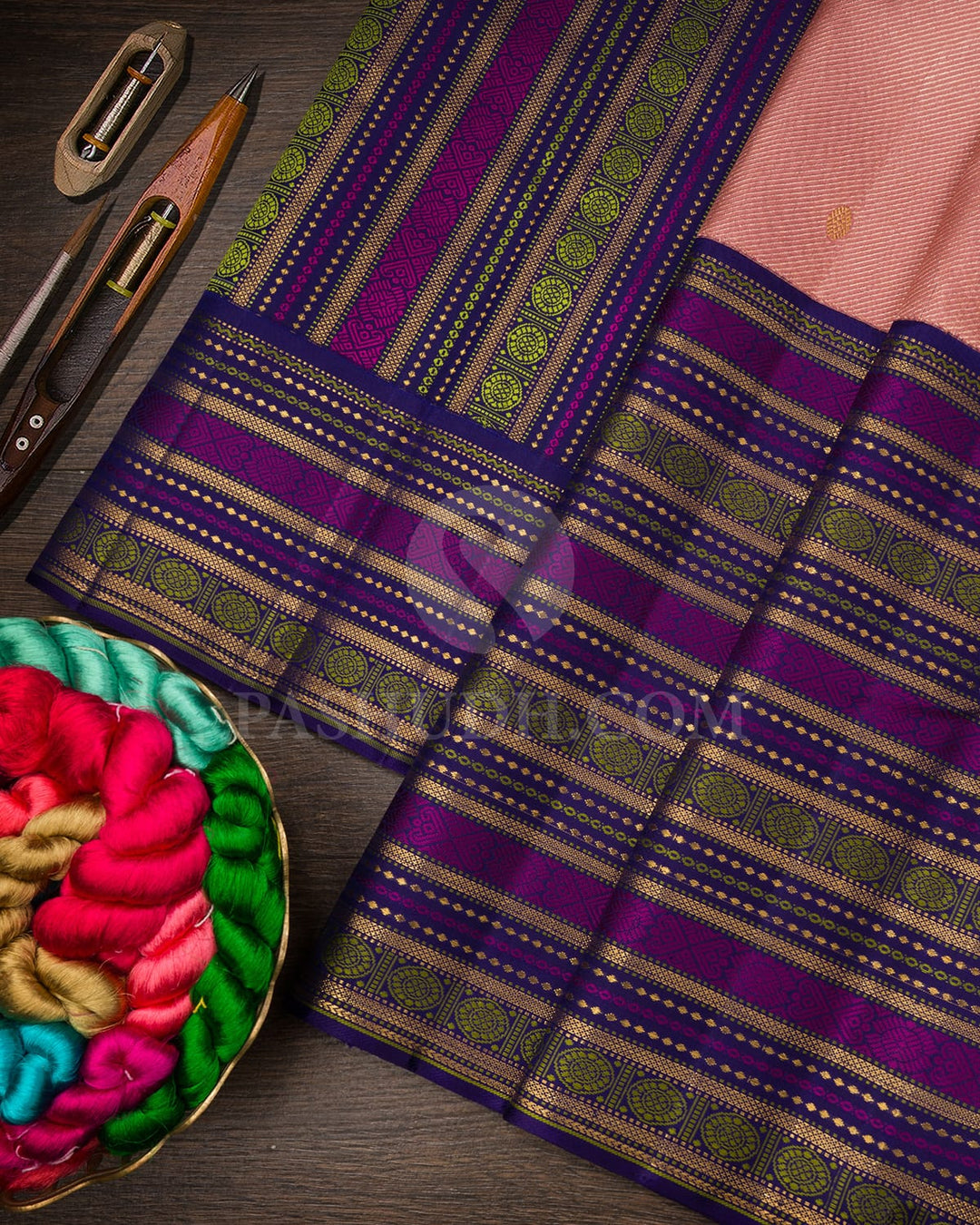 Peachy Pink With Royal Blue Kanjivaram Silk Saree-S1603(C)