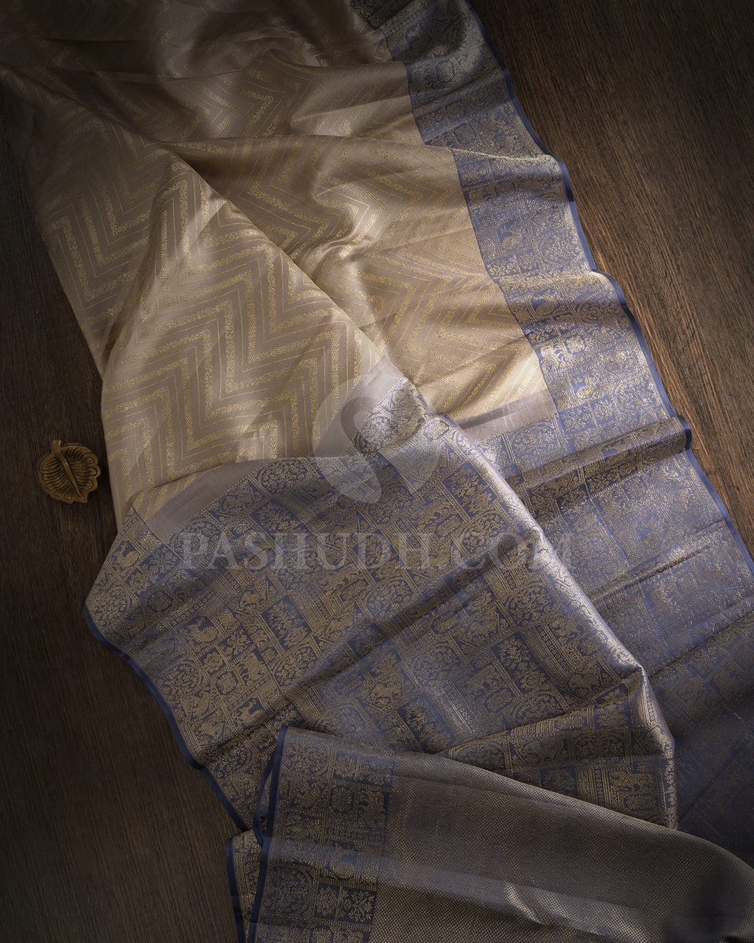Grey And Steel Blue Kanjivaram Silk Saree-D611(C)