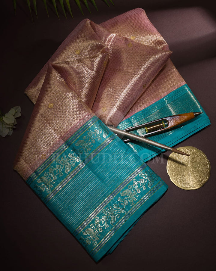 Peachy Pink With Turquoise Blue Kanjivaram Silk Saree-S1385(C)