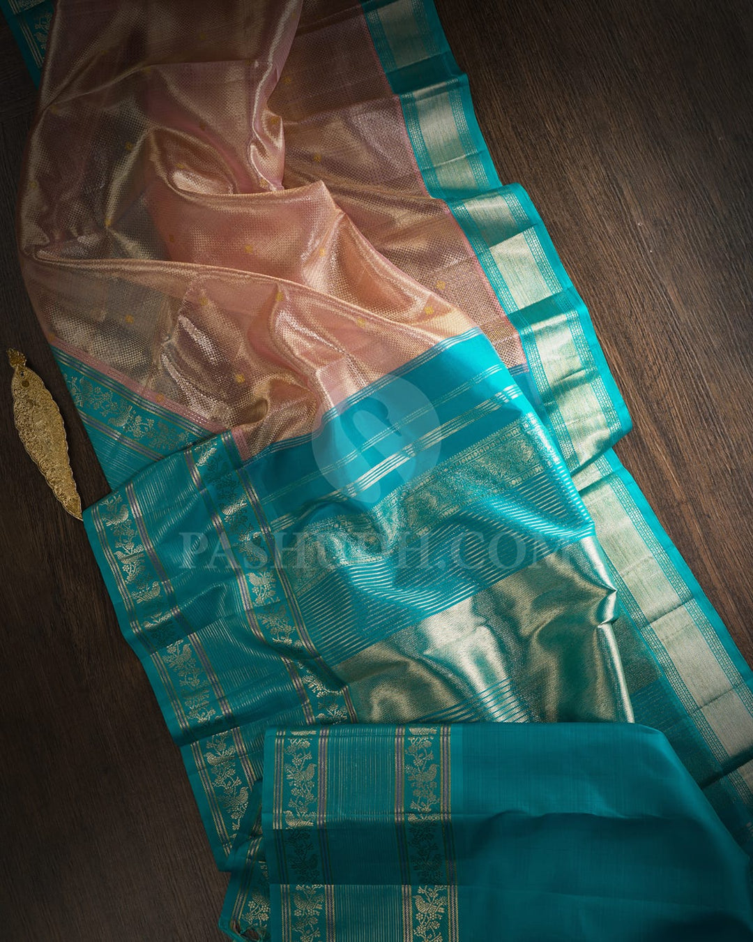 Peachy Pink With Turquoise Blue Kanjivaram Silk Saree-S1385(C)