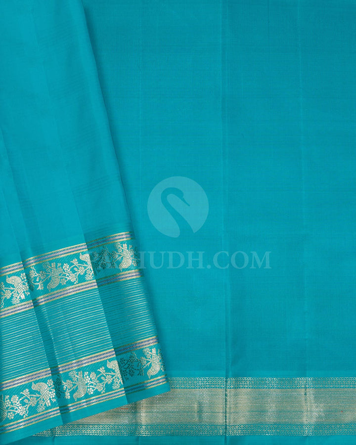 Peachy Pink With Turquoise Blue Kanjivaram Silk Saree-S1385(C)