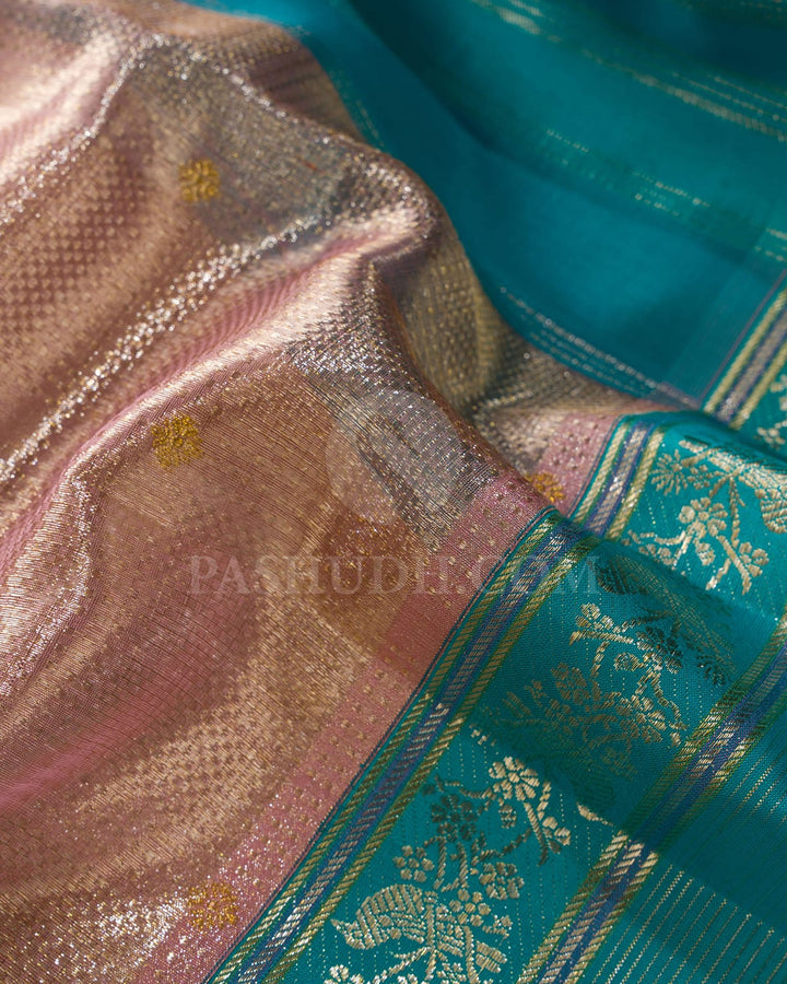 Peachy Pink With Turquoise Blue Kanjivaram Silk Saree-S1385(C)