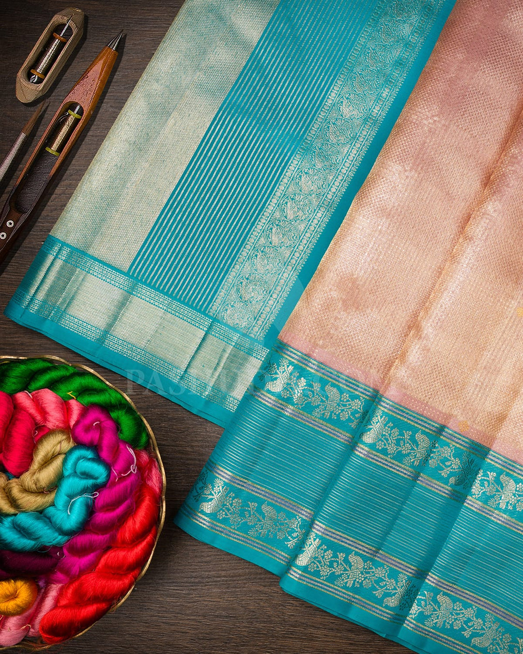 Peachy Pink With Turquoise Blue Kanjivaram Silk Saree-S1385(C)