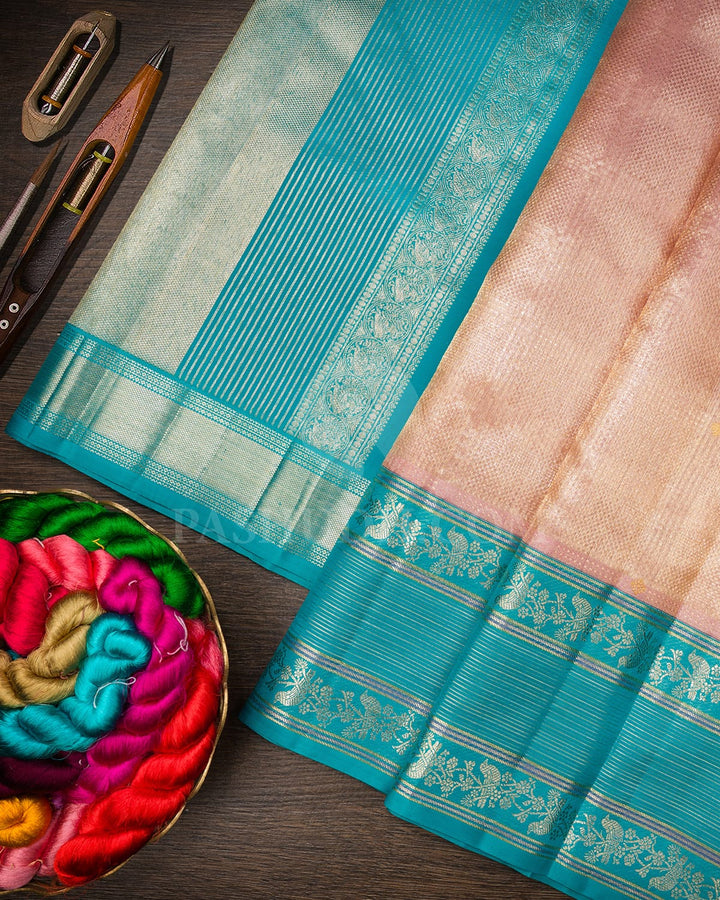 Peachy Pink With Turquoise Blue Kanjivaram Silk Saree-S1385(C)