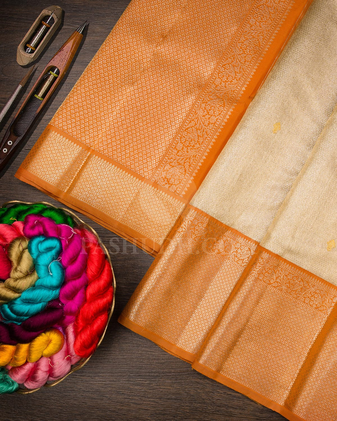 Gold Silver With Orange Tissue Organza Kanjivaram Silk Saree-S1643(A)