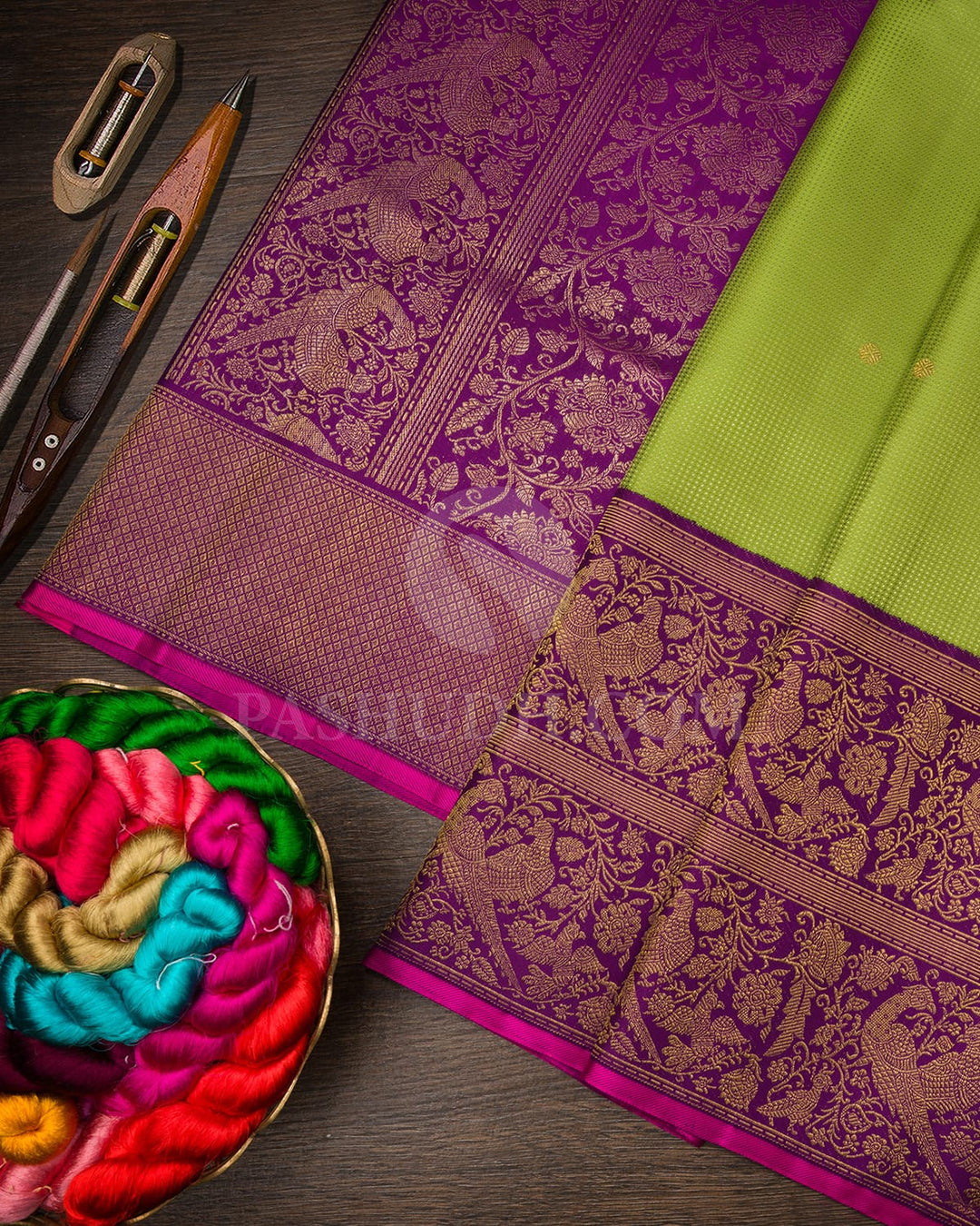 Parrot Green With Violet Kanjivaram Silk Saree-S1653(A)