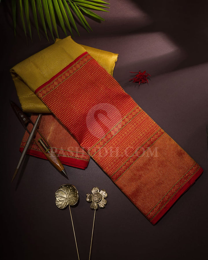 Mustard Yellow Kanjivaram Silk Saree With Polka Dots Border-S1657(A)