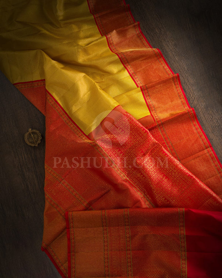 Mustard Yellow Kanjivaram Silk Saree With Polka Dots Border-S1657(A)