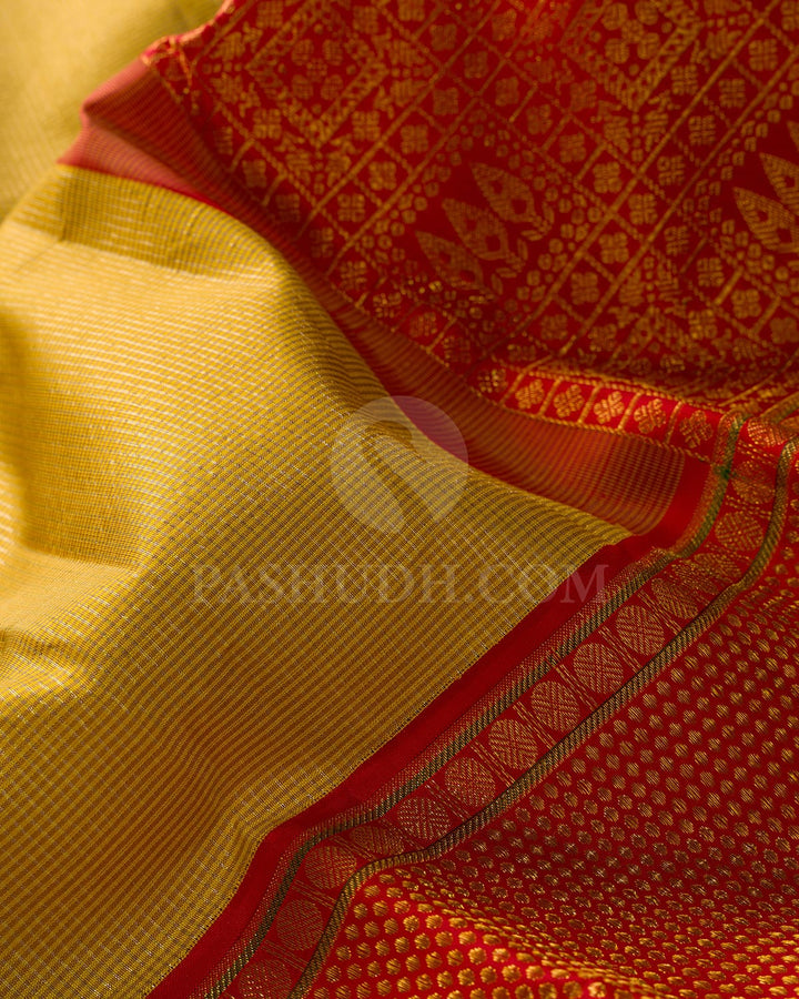 Mustard Yellow Kanjivaram Silk Saree With Polka Dots Border-S1657(A)