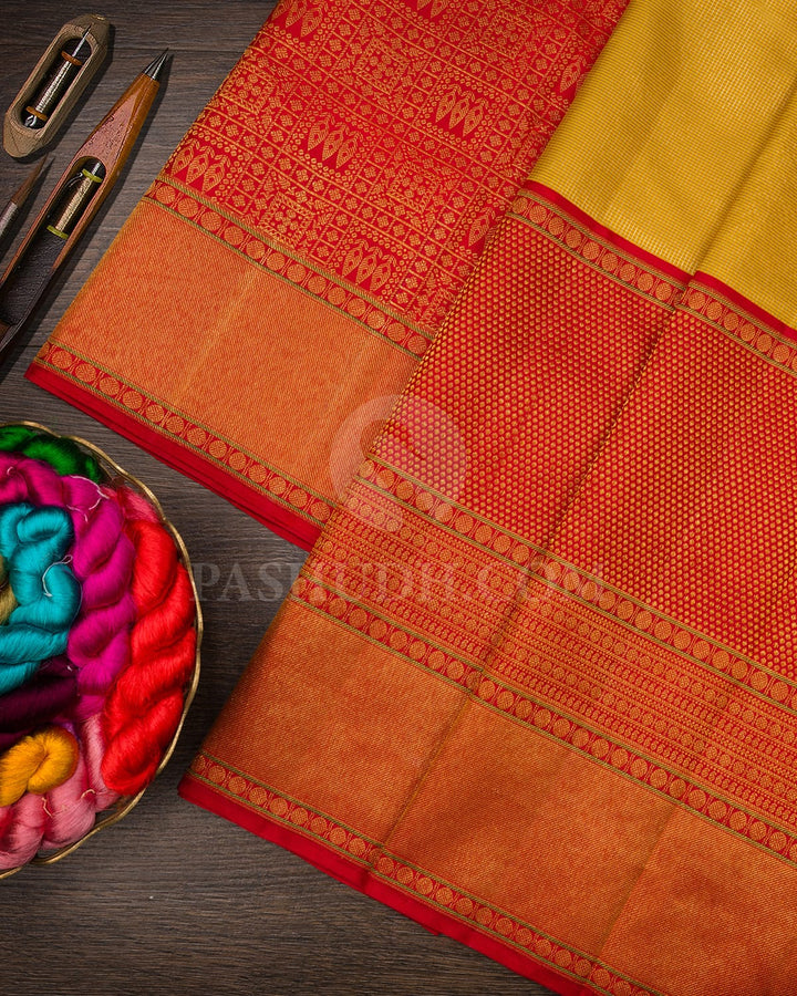 Mustard Yellow Kanjivaram Silk Saree With Polka Dots Border-S1657(A)