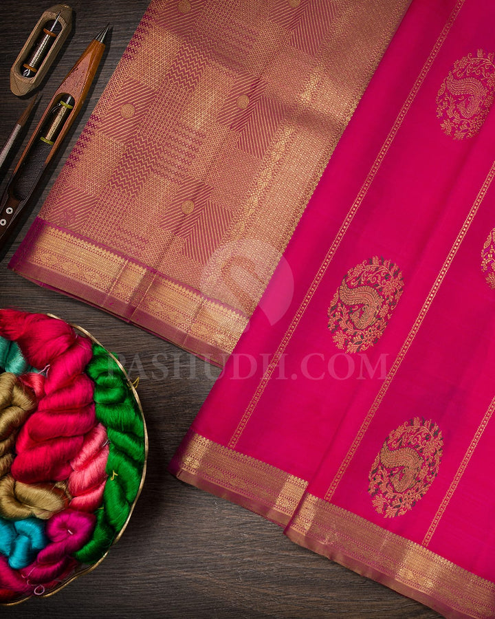 Rani Pink With Beige And Pink Kanjivaram Silk Saree-S1669(A)