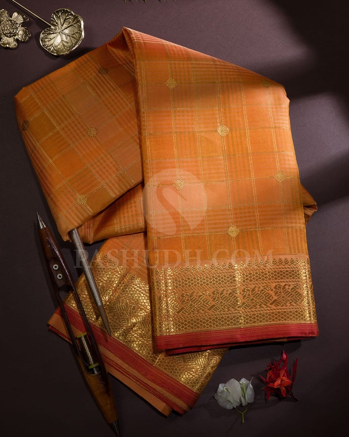 Orange Dual Textured Organza And Dupion Kanjivaram Silk Saree-S1667(A)